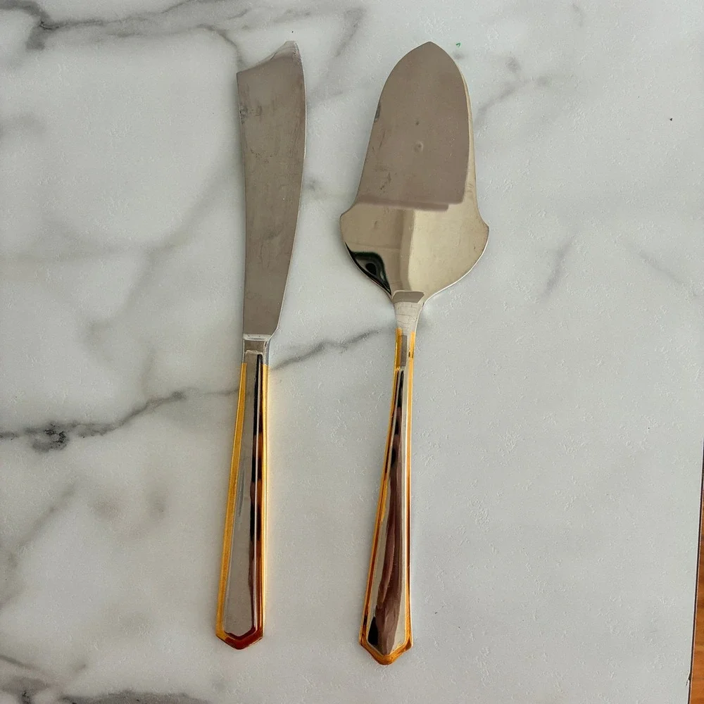 Vtg Gottinghen 18/10 Stainless Steel Cake Server Knife Set 24K Gold Italy
